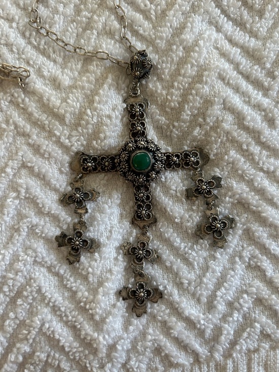 Taxco Jewelry - Antique Taxco Mexico 925 Sterling Silver Wedding Yalalag Cross Pendant Necklace